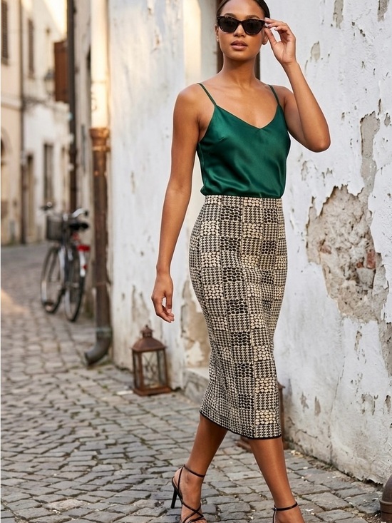 Grace Dane Lewis Dresses & Skirts - High-Waist Houndstooth Midi Skirt in Beige and Black